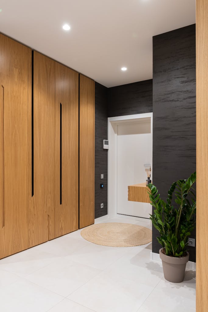 A sleek hallway design featuring wooden cabinets and a potted plant for a modern minimalist look.